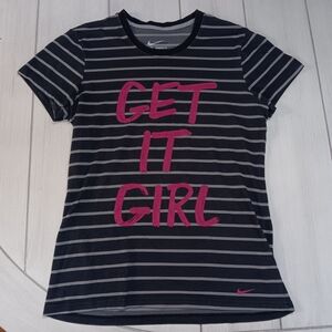 Women's Large Nike Tee with Pink 'Get It Girl' on Black and Gray Stripes